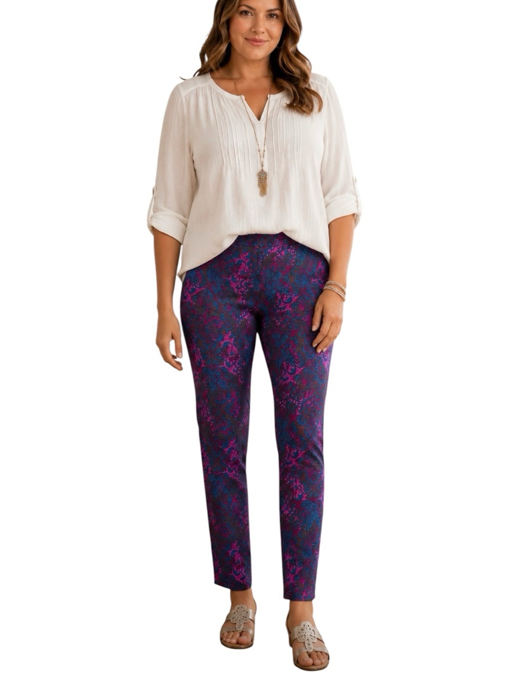 Soft Surroundings Stretch Ponte Straight Leg Pants Size 1X Colorful Scroll Print